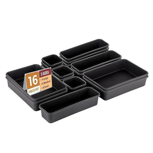 8-Piece Desk Drawer Organizer Set - Interlocking Storage Trays for Office, Kitchen & Bathroom - Black Plastic Drawer Dividers & Storage Bins 6209464482