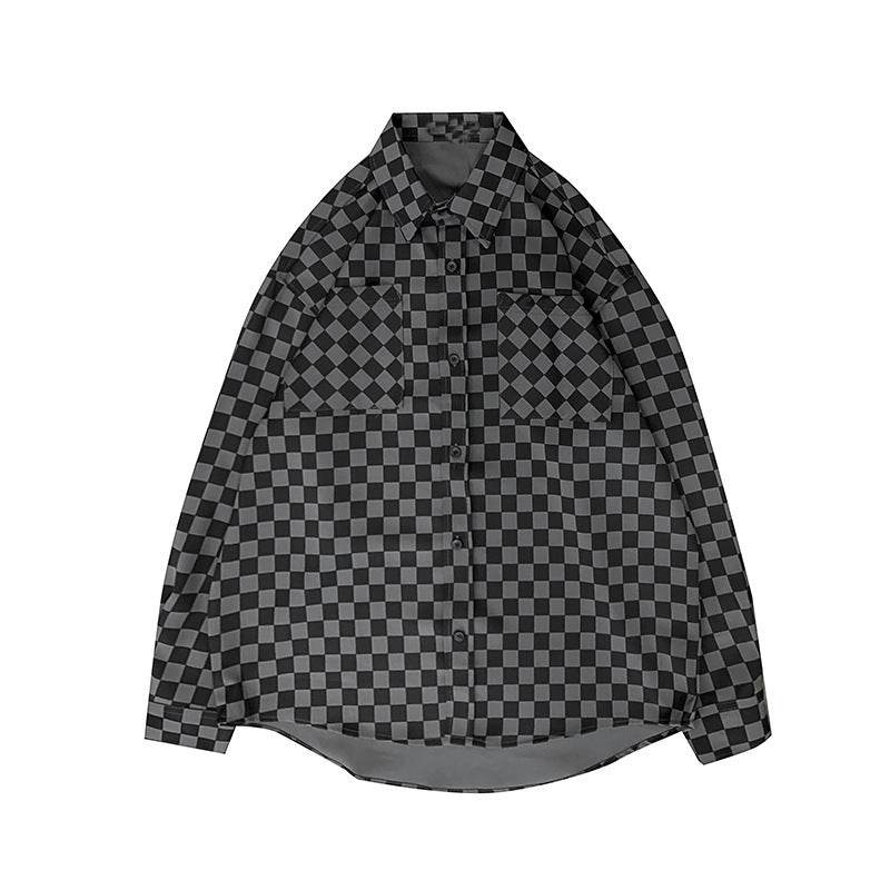 Black Checkerboard Men's Long-sleeved Spring Japanese Loose Coat Shirt 06fda791-860d-45b5-8e45-ad0ba026f8e4