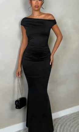 Black Summer New Elegant Party Daily Date Oblique Shoulder One-Shoulder Off-Shoulder Front Pleated Slim Long Skirt Wavy Texture White Women's Dress 0e1a3196-6e2e-49f7-9ef8-0c9539aad4d3 Print Material