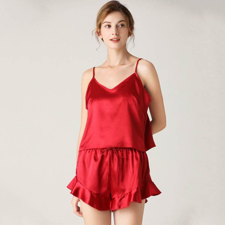 Red Premium Ladies Silk Pajamas, Silk V-neck Suspender Shorts, Two-piece Pajamas 135ca02e-ef08-482b-b1aa-04714a7ebeca Print Material