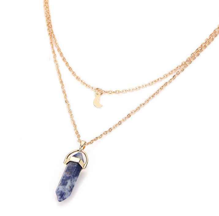 White dot blue Natural stone glass hexagonal necklace necklace European and American fashion double moon moon crescent bullets pendulum pendant necklace 1633136066580 Print Material