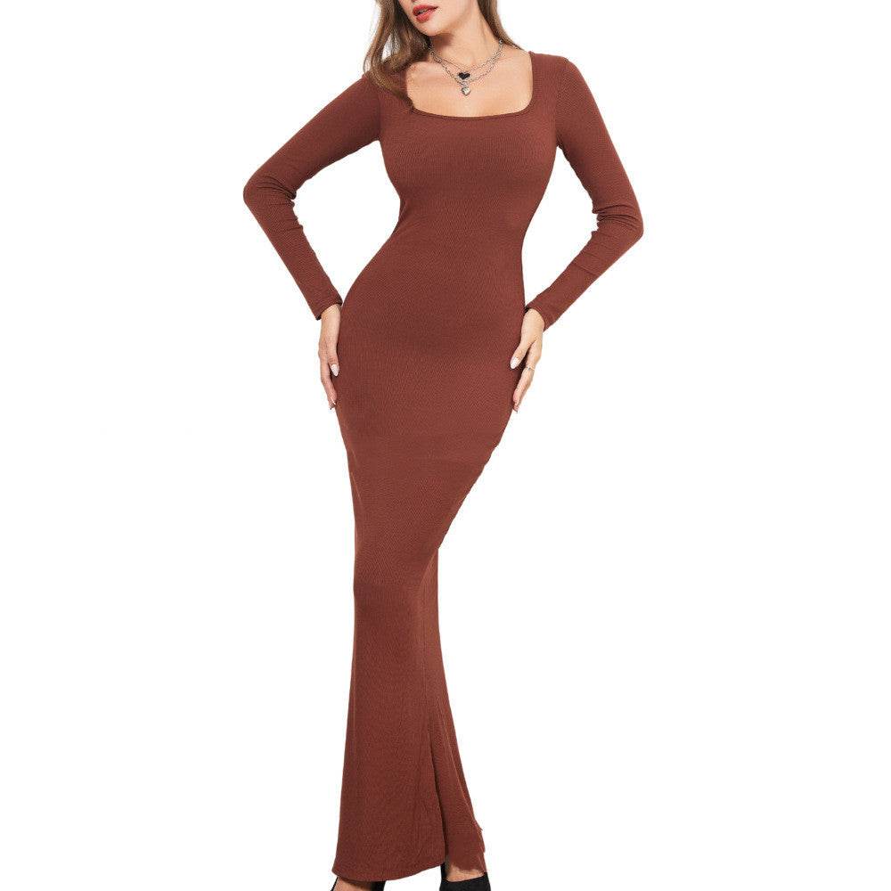 Brown Two-in-one With Lining Double-layer Belly Contracting Hip Lifting Long Sleeve Narrow Dress 1c24dda2-abdc-4a9a-96b2-6e985495f7ba Print Material
