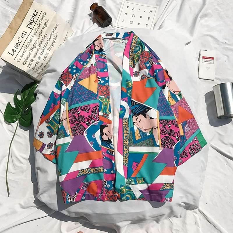 B Printed Japanese Style Kimono Jacket cardigan men clothing cardigan male streetwear hiphop casual coat loose kimono 2009291967592-_6