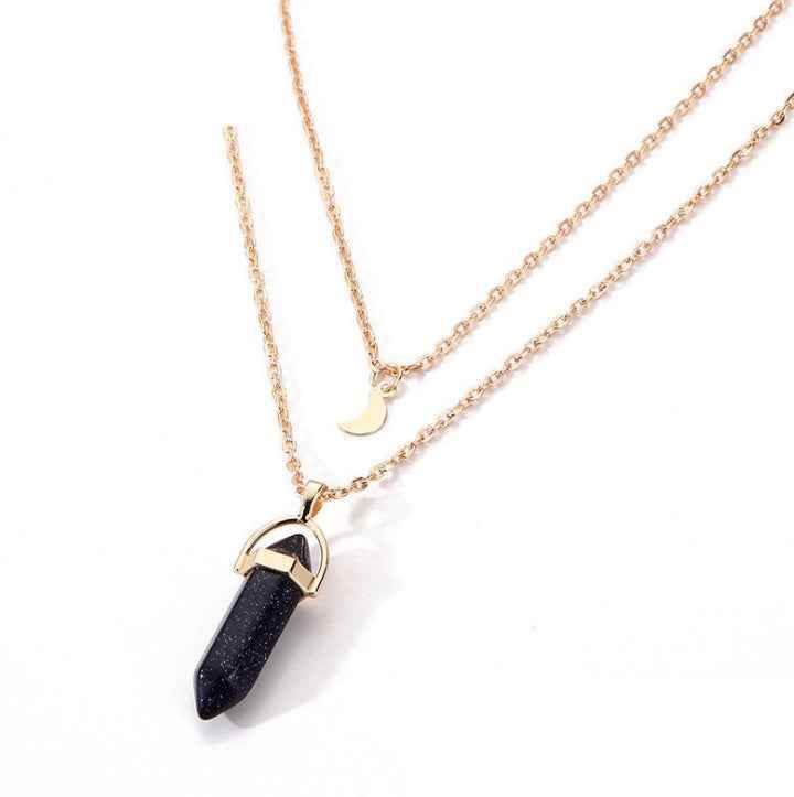 Blue sand Natural stone glass hexagonal necklace necklace European and American fashion double moon moon crescent bullets pendulum pendant necklace 2268010966193 Print Material