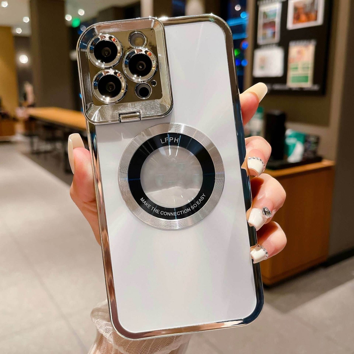 White Electroplated Phone Case Luxury Plating CD Pattern Magsafe Bracket Case For 12 13 14 Pro Max Invisible Camera Stand Holder Lens Holder Magnetic Suction 24a67441-3a40-4c64-8da5-333dd7618eda-_13 Print Material