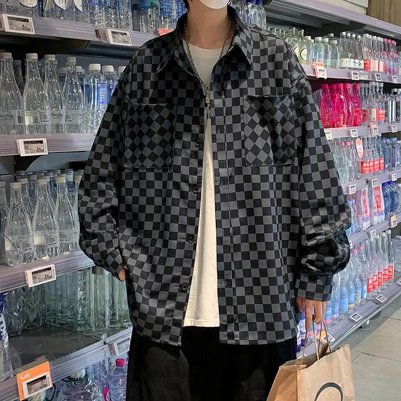 Checkerboard Men's Long-sleeved Spring Japanese Loose Coat Shirt 29758971-8062-41bd-b85a-a172b6d62ec6-_4