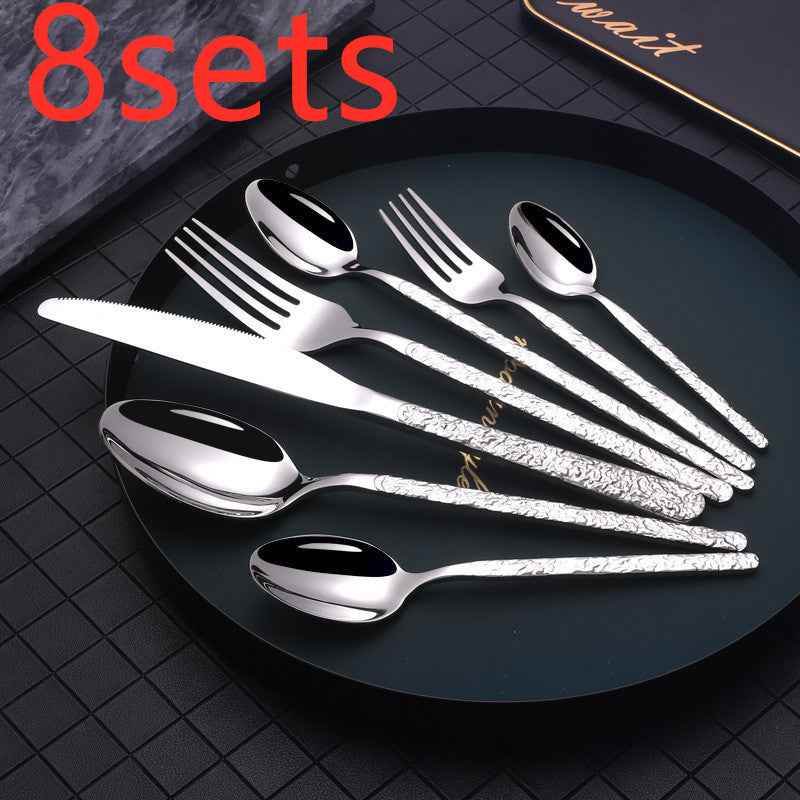 Embossed Textured Handle Steak Cutlery – Elegant Western Dining Set 2a4f16e4-3a7b-4fb8-8153-e36c73b83160 Print Material