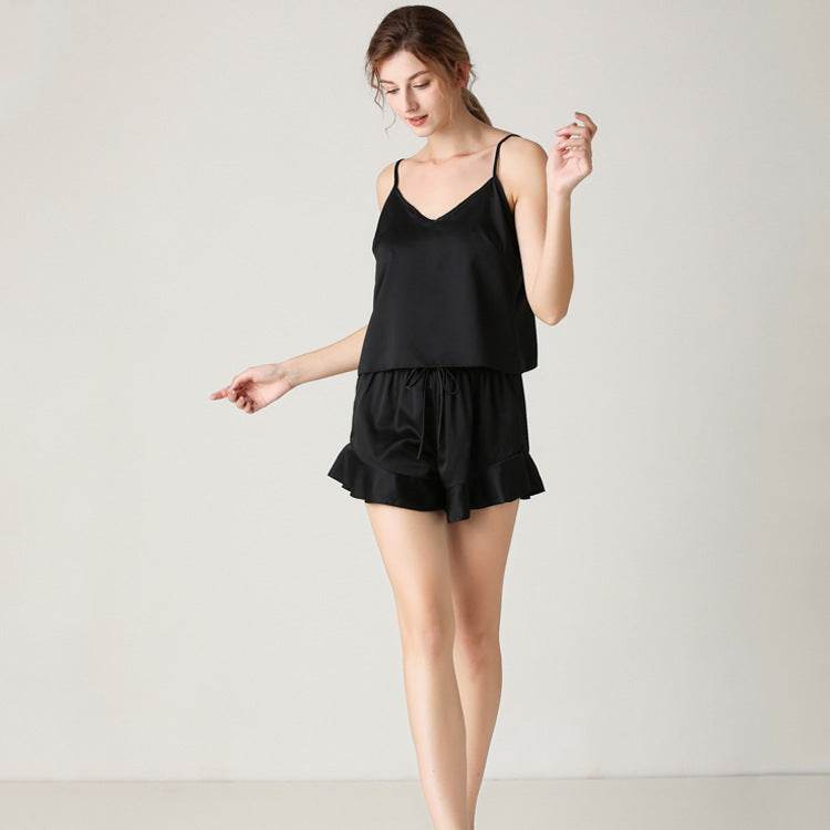 Black Premium Ladies Silk Pajamas, Silk V-neck Suspender Shorts, Two-piece Pajamas 2c663260-c0c6-48b2-b810-e2d3ce8218ef Print Material