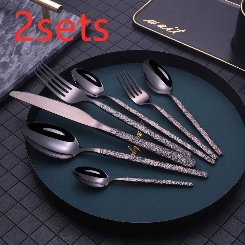 Black 7PCS 2sets Embossed Textured Handle Steak Cutlery – Elegant Western Dining Set 3cf5d725-a8a7-4b53-af08-e89fe9eb901f Print Material
