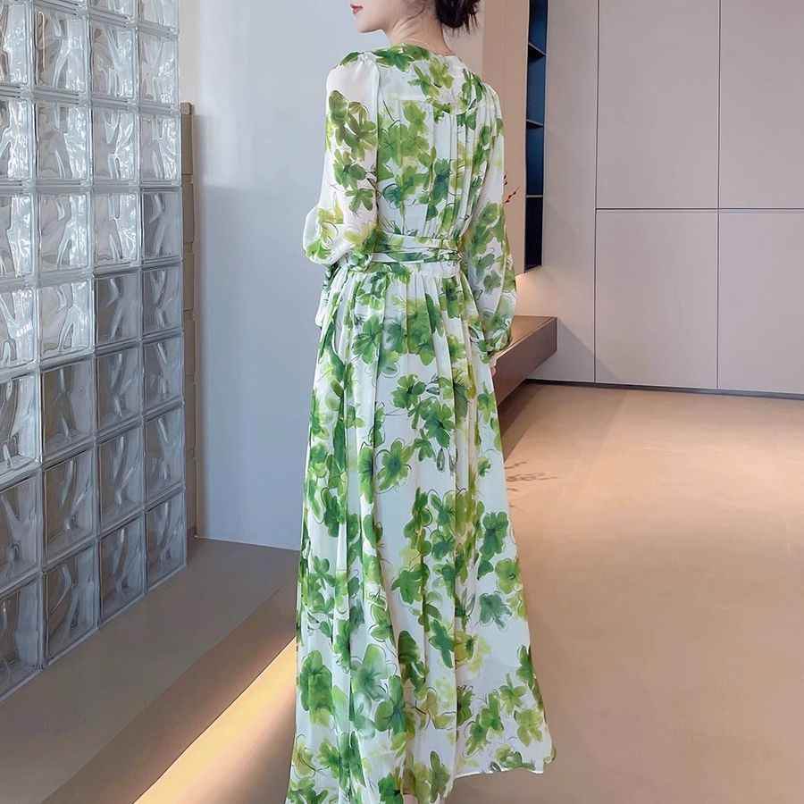 Plus Size French Spring And Autumn Green Shivering V-neck Long Sleeve Waist Slimming Women's Elegant Dress 3e766677-36ae-443d-9cf6-5a714a11ae84 Print Material