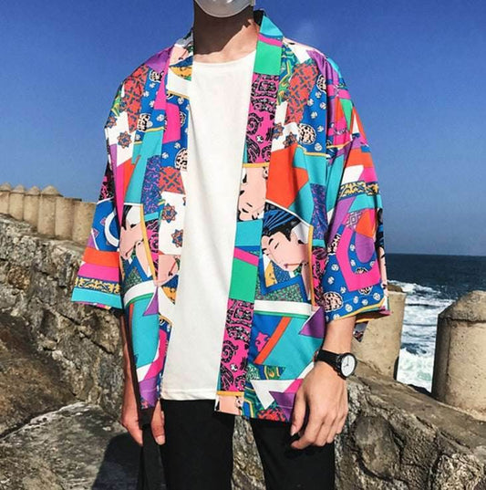 Printed Japanese Style Kimono Jacket cardigan men clothing cardigan male streetwear hiphop casual coat loose kimono 508827198500-_1