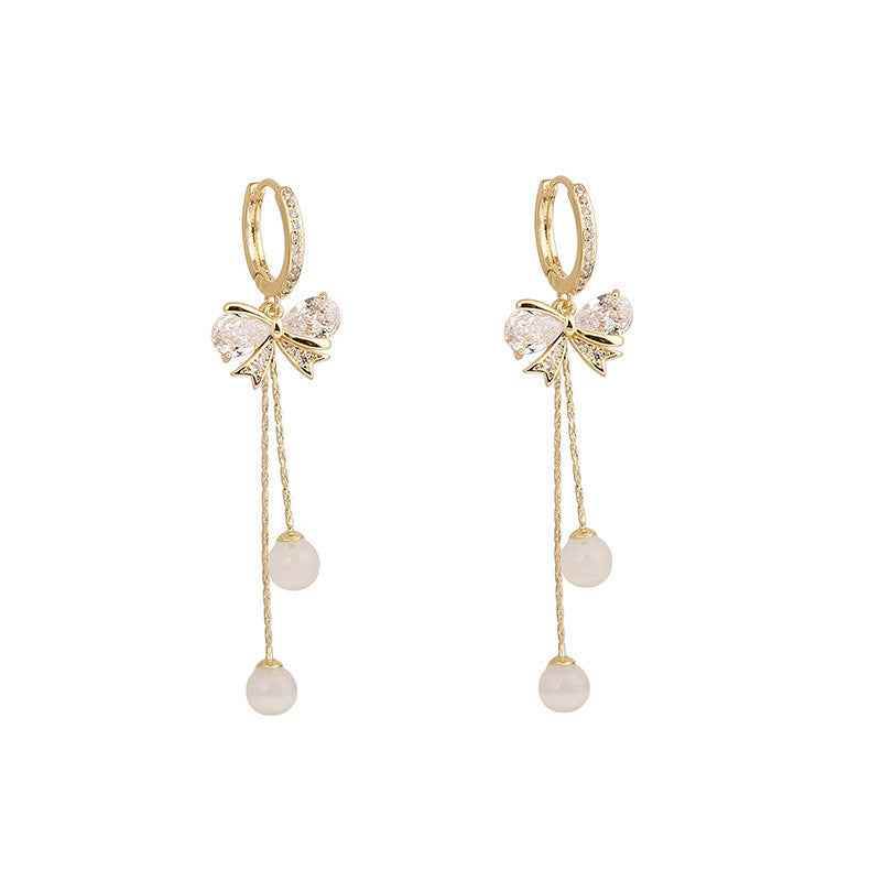 Gold Alloy Bow Earrings with Elegant Droplets 57692f78-991b-4d08-a355-cc917187197f Print Material