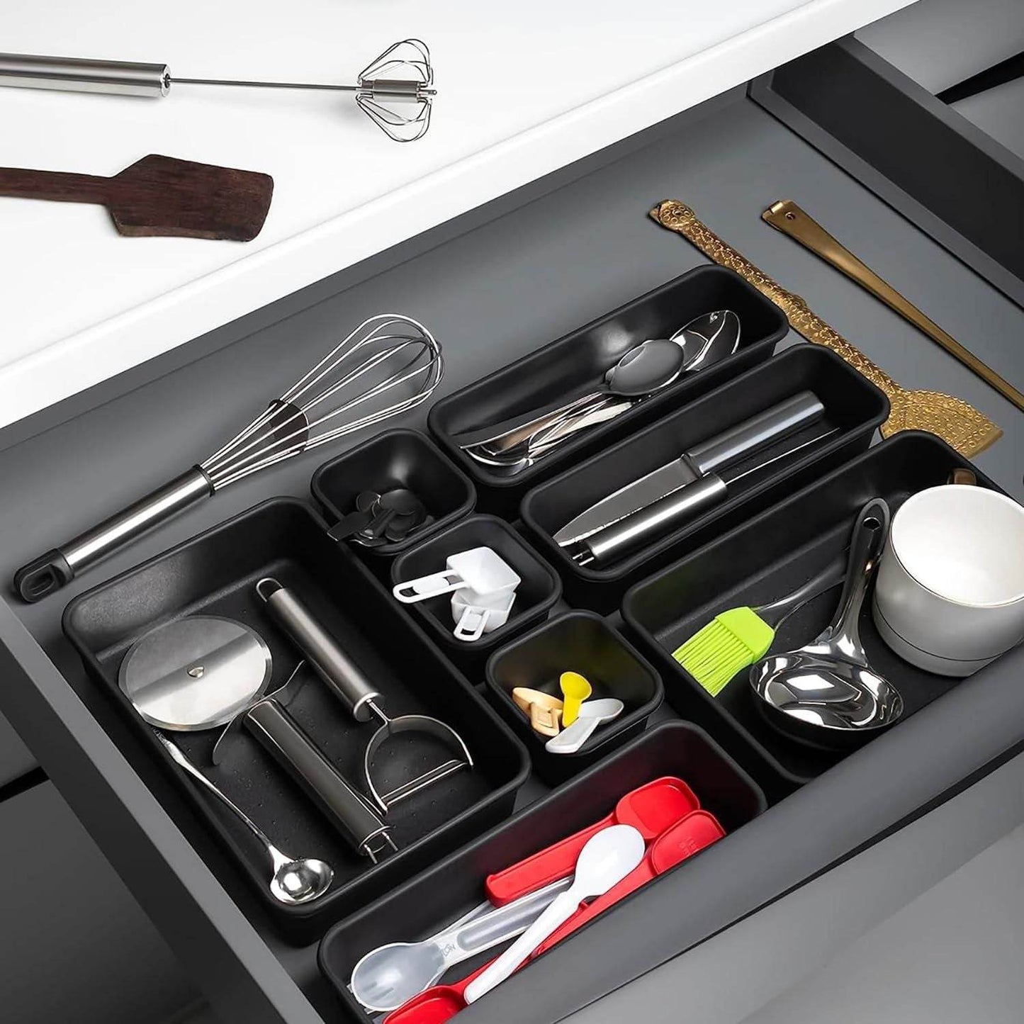 8-Piece Desk Drawer Organizer Set - Interlocking Storage Trays for Office, Kitchen &amp; Bathroom - Black Plastic Drawer Dividers &amp; Storage Bins 5990203762