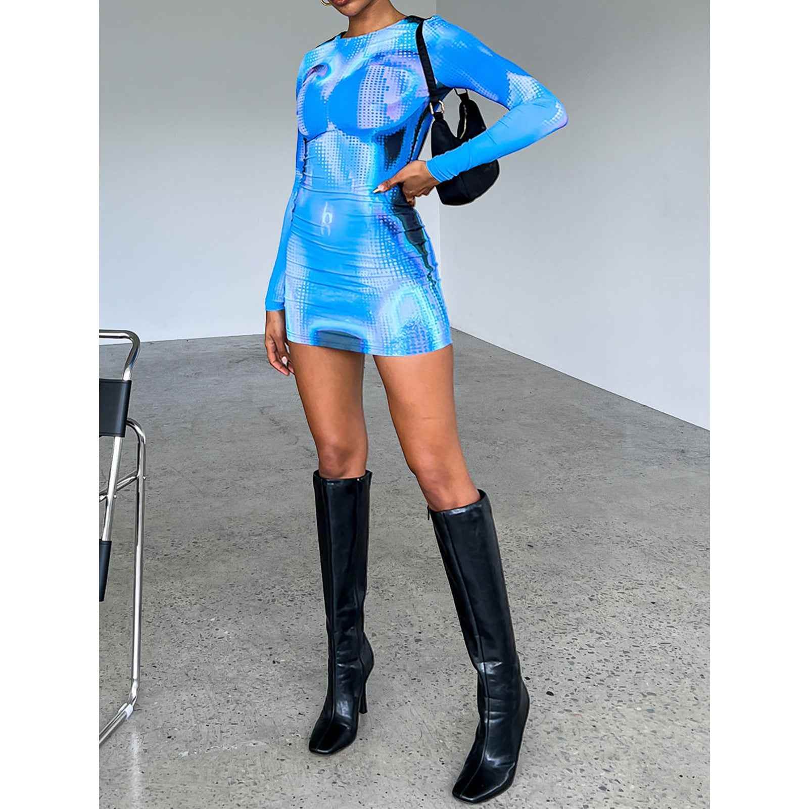 Fashion Printed Line Slim Fit Round Neck Long Sleeves Dress 5a09def1-69ed-4df6-b500-aefc80b63c6a Print Material