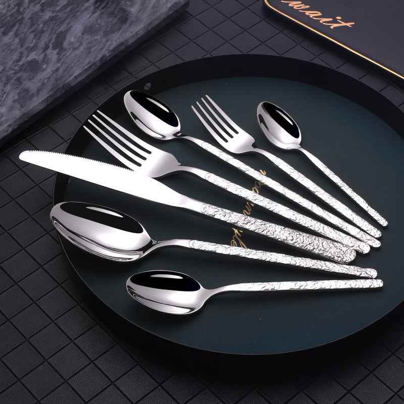 Silver 7PCS Embossed Textured Handle Steak Cutlery – Elegant Western Dining Set 5bd41bdc-8d57-411f-b478-2ba7833bba83 Print Material
