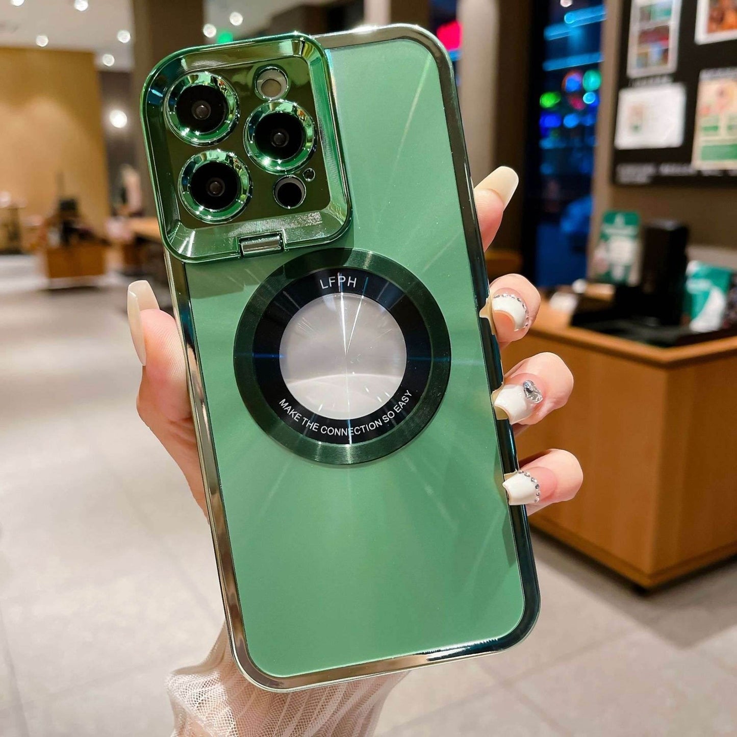 Green Electroplated Phone Case Luxury Plating CD Pattern Magsafe Bracket Case For 12 13 14 Pro Max Invisible Camera Stand Holder Lens Holder Magnetic Suction 5fff252e-c86b-4734-ad42-070663ccff31-_11 Print Material