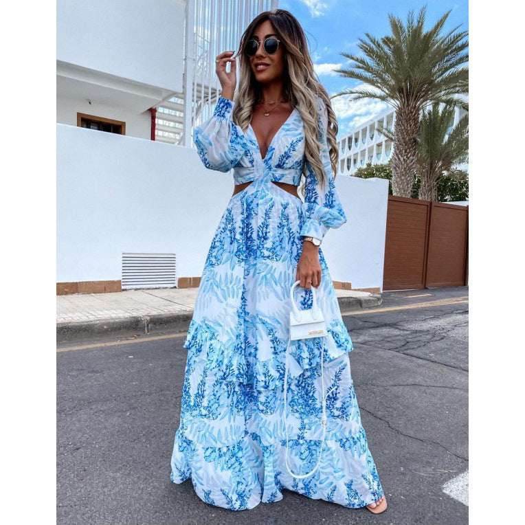 Light Blue Elegant Women's Hollow Floor V-neck Long-sleeved Plant Dress Long Dresses Spring Summer Print V-neck Long Sleeve Dress 62fb999b-1e8a-4d33-a505-dba8870cda8b-_3