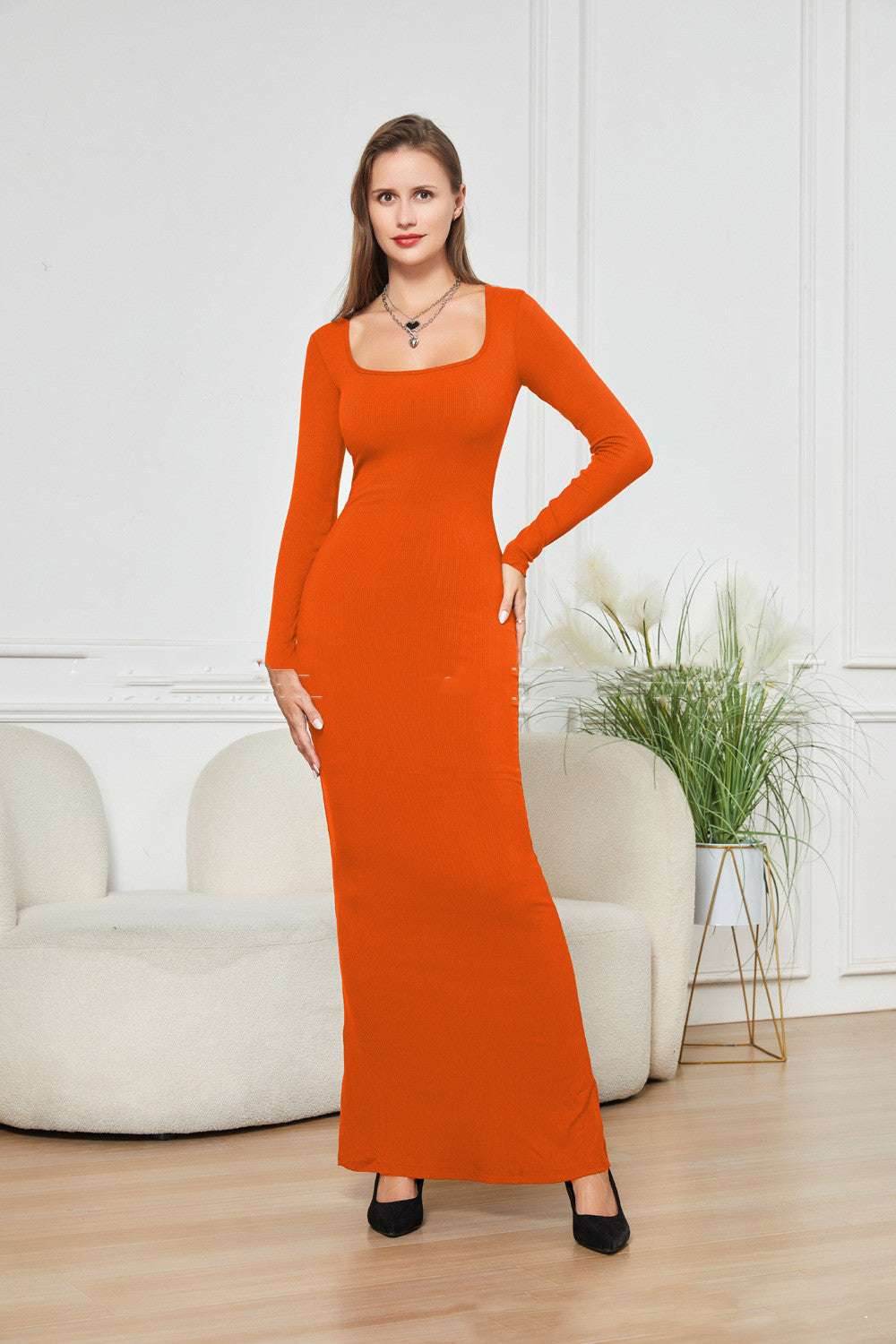 Orange Two-in-one With Lining Double-layer Belly Contracting Hip Lifting Long Sleeve Narrow Dress 6533f20b-ddba-4589-9484-5693340626e0-_7 Print Material