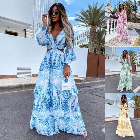Elegant Women's Hollow Floor V-neck Long-sleeved Plant Dress Long Dresses Spring Summer Print V-neck Long Sleeve Dress 65eefa11-fbe4-43a8-a708-fa13569da0a1-_1