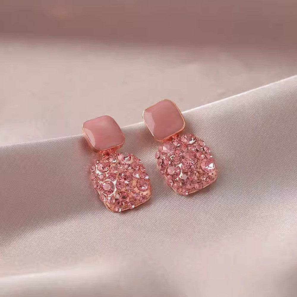 Pink Rhinestone Cube Earrings Ins Fashion Temperament Geometric Earrings 66636435-f38d-4f3f-9b54-6f1b0a90218f Accessories