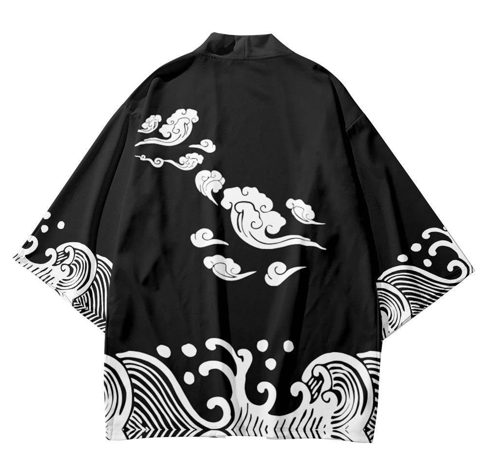Fashion Auspicious Cloud Element Men's Three-quarter Sleeve Cardigan Robe 6b8f648a-b8fa-478a-8de6-ab7f908b301d
