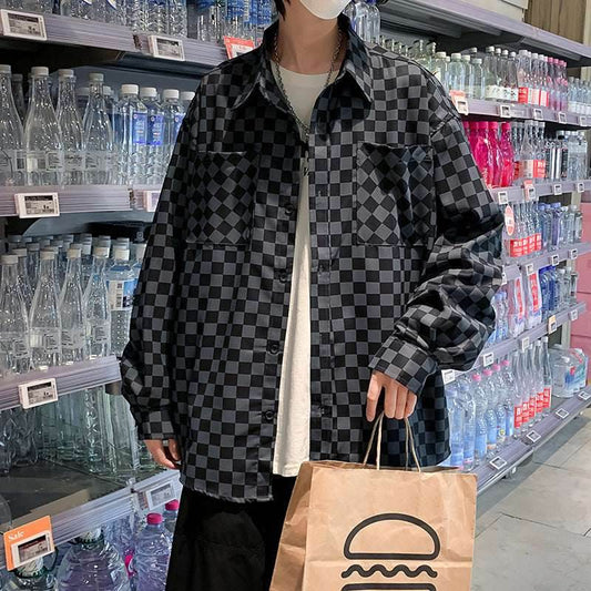 Checkerboard Men's Long-sleeved Spring Japanese Loose Coat Shirt 740cd973-c30a-4046-b302-182d50a4a1f3-_2