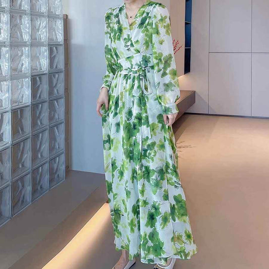 Plus Size French Spring And Autumn Green Shivering V-neck Long Sleeve Waist Slimming Women's Elegant Dress 76b9fcc4-c306-4708-a334-fbef47a79d23 Print Material