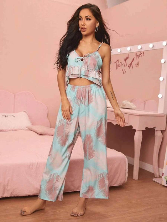 V-neck Sling Print Comfortable Pajama Set 786582ea-55bf-4bf1-8bf4-ad4ca1015c50-_1 Print Material