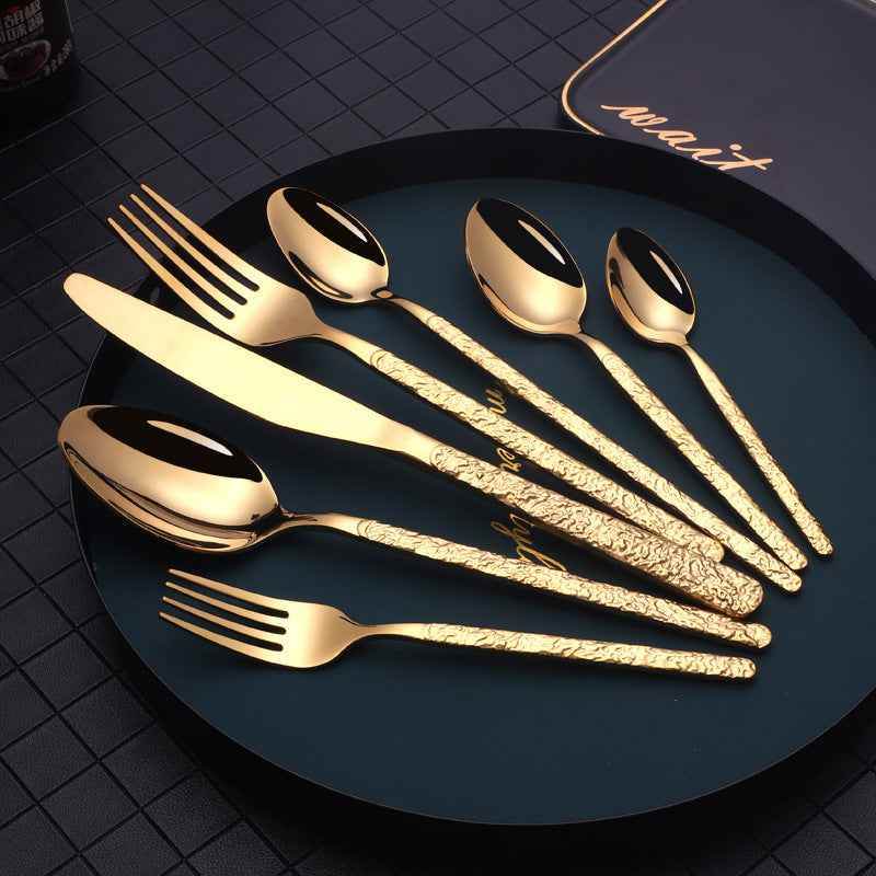 Gold 7PCS Embossed Textured Handle Steak Cutlery – Elegant Western Dining Set 7b3674c8-4444-4c74-a165-8663bdbcee1b_128bee3d-eca4-4d88-a779-0a47f37bea34 Print Material