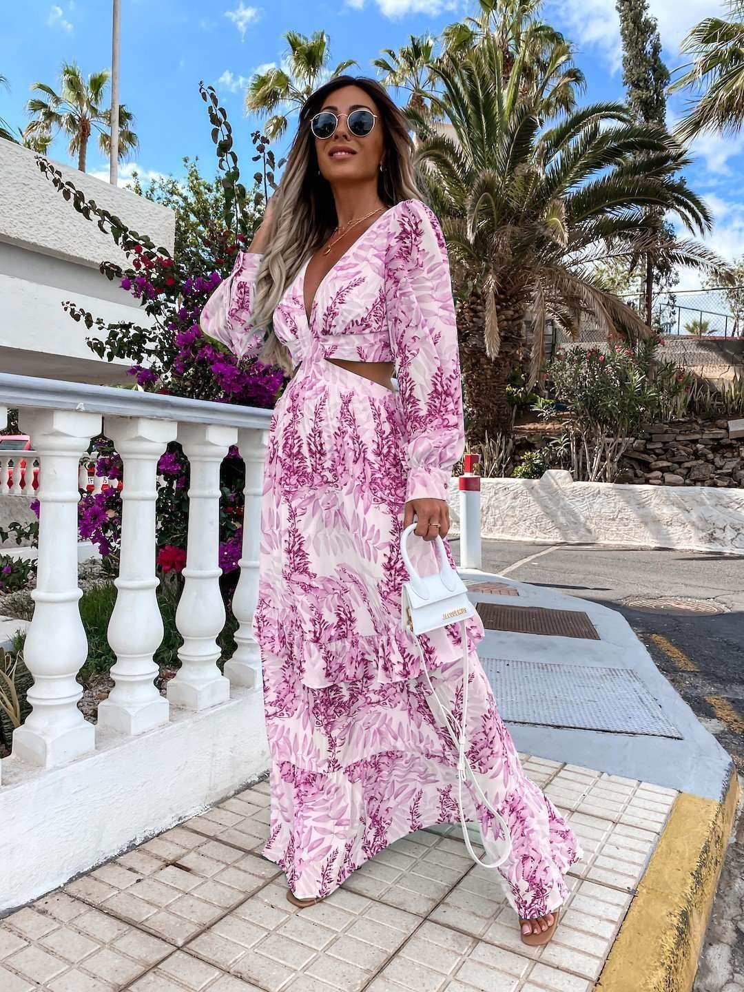 Pink Elegant Women's Hollow Floor V-neck Long-sleeved Plant Dress Long Dresses Spring Summer Print V-neck Long Sleeve Dress 7f6ca068-0b4a-468a-8097-2319d2dd7acb-_4