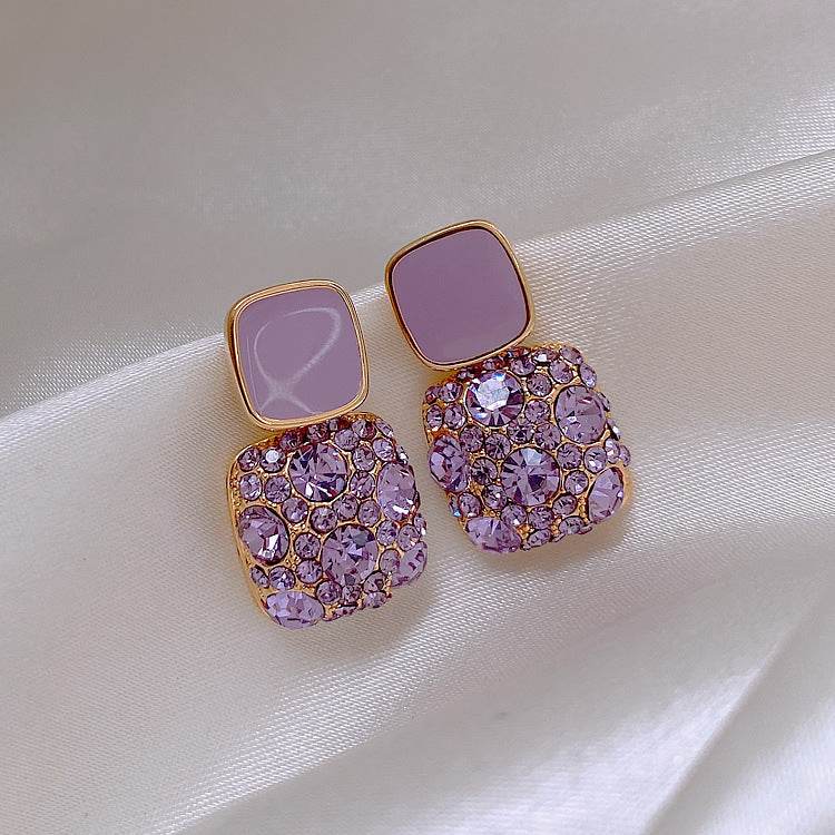 Purple Rhinestone Cube Earrings Ins Fashion Temperament Geometric Earrings 872284140981 Accessories
