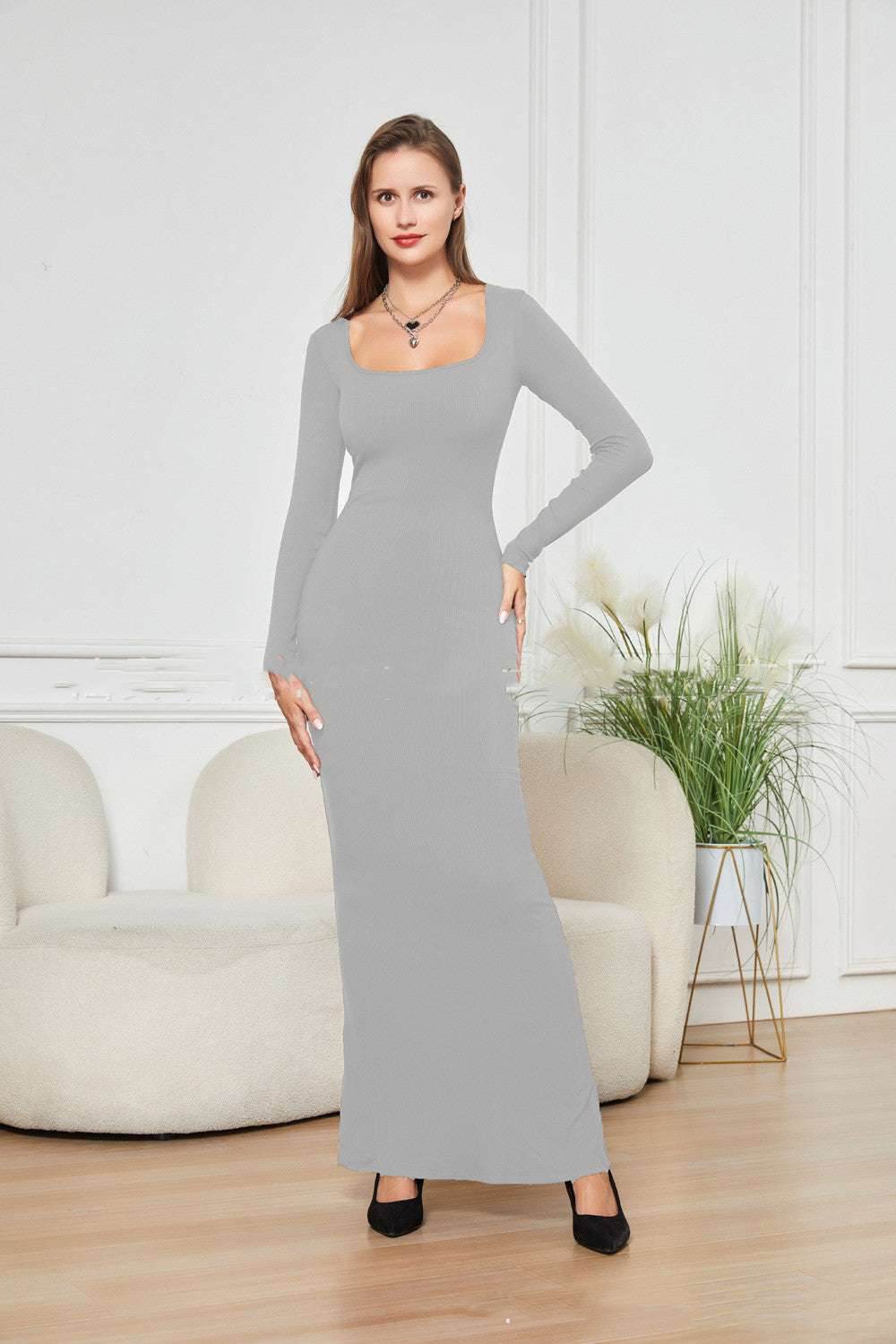 Gray Two-in-one With Lining Double-layer Belly Contracting Hip Lifting Long Sleeve Narrow Dress 8a15c969-175a-4a28-a931-c95eb8fec466-_6 Print Material