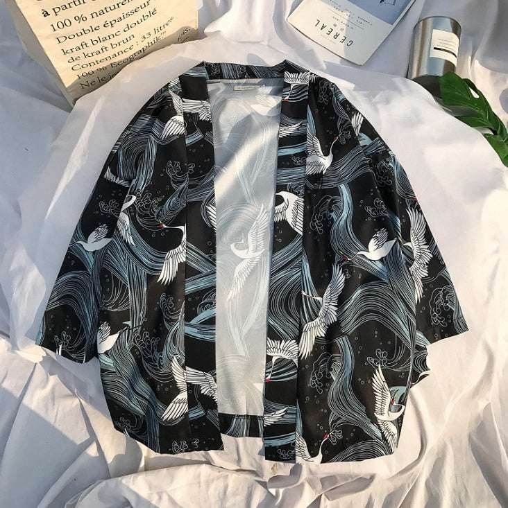 A Printed Japanese Style Kimono Jacket cardigan men clothing cardigan male streetwear hiphop casual coat loose kimono 913805457253-_5