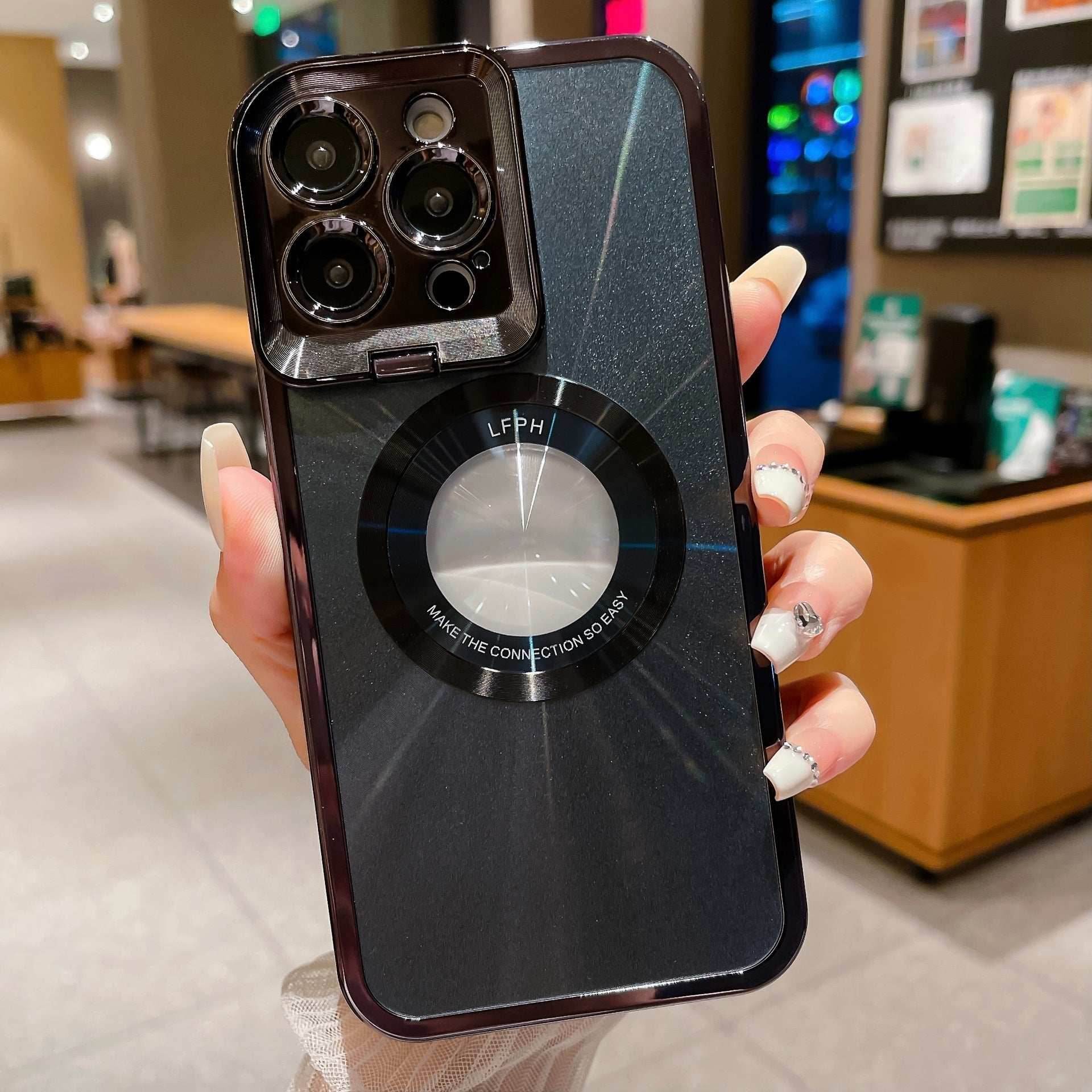 Black Electroplated Phone Case Luxury Plating CD Pattern Magsafe Bracket Case For 12 13 14 Pro Max Invisible Camera Stand Holder Lens Holder Magnetic Suction 946bfc4b-5707-4cd4-889e-eda3428dc6d1-_8 Print Material
