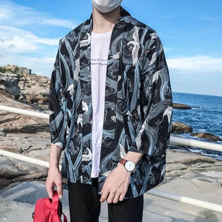 Printed Japanese Style Kimono Jacket cardigan men clothing cardigan male streetwear hiphop casual coat loose kimono 988419537870-_3