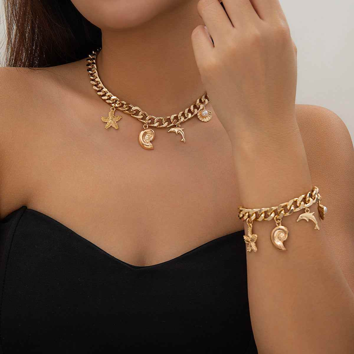 Creative Boho Conch Dolphin Starfish Pendant Choker Necklace Bracelets Women Trendy Vintage Tassel Chain Grunge Jewelry Fashion Jewelry O1CN01DgefLT23L3cZeOPlN__1005997238-0-cib Print Material