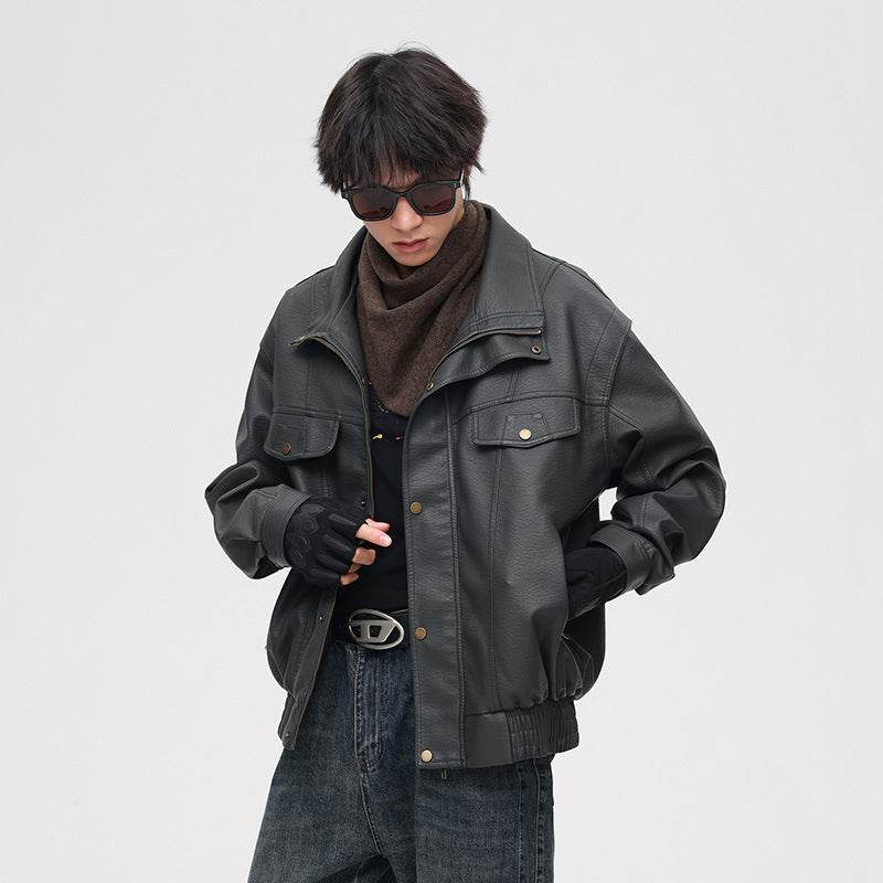 Gray Soft Leather Men's Fashion Casual Polo Collar Jacket 👕✨ O1CN01FOGNqA1amswF70pzm__2216744203373-0-cib