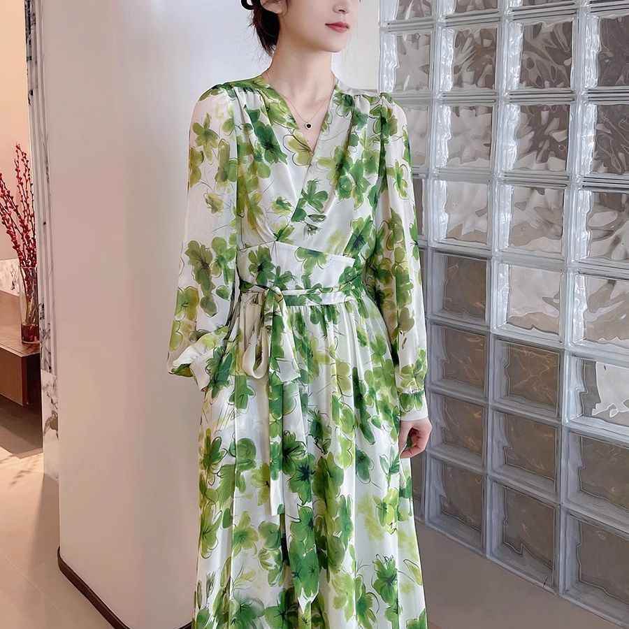 Plus Size French Spring And Autumn Green Shivering V-neck Long Sleeve Waist Slimming Women's Elegant Dress a142040b-99e0-402f-b772-3bd25e60de78 Print Material