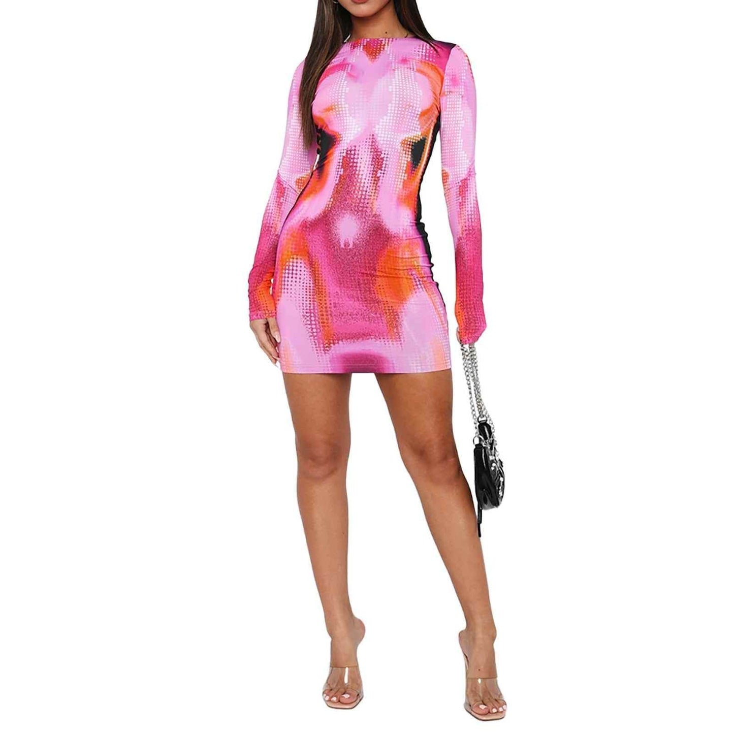 Pink Fashion Printed Line Slim Fit Round Neck Long Sleeves Dress a7d42ee1-9a92-4019-b94a-f08fde2bfd2f Print Material