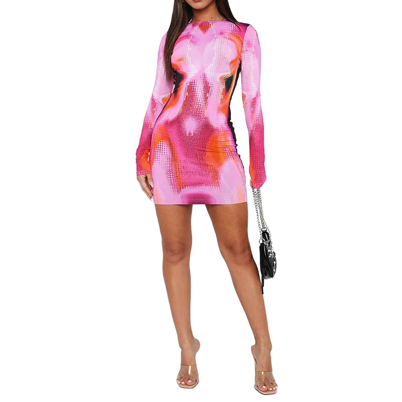Pink Fashion Printed Line Slim Fit Round Neck Long Sleeves Dress a7d42ee1-9a92-4019-b94a-f08fde2bfd2f Print Material