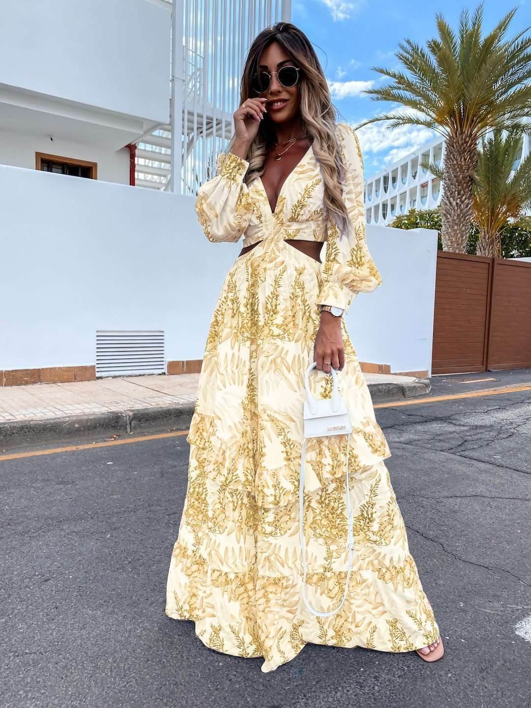 Yellow Elegant Women's Hollow Floor V-neck Long-sleeved Plant Dress Long Dresses Spring Summer Print V-neck Long Sleeve Dress af36928e-2389-4c85-9c40-c1de02c1516f-_5