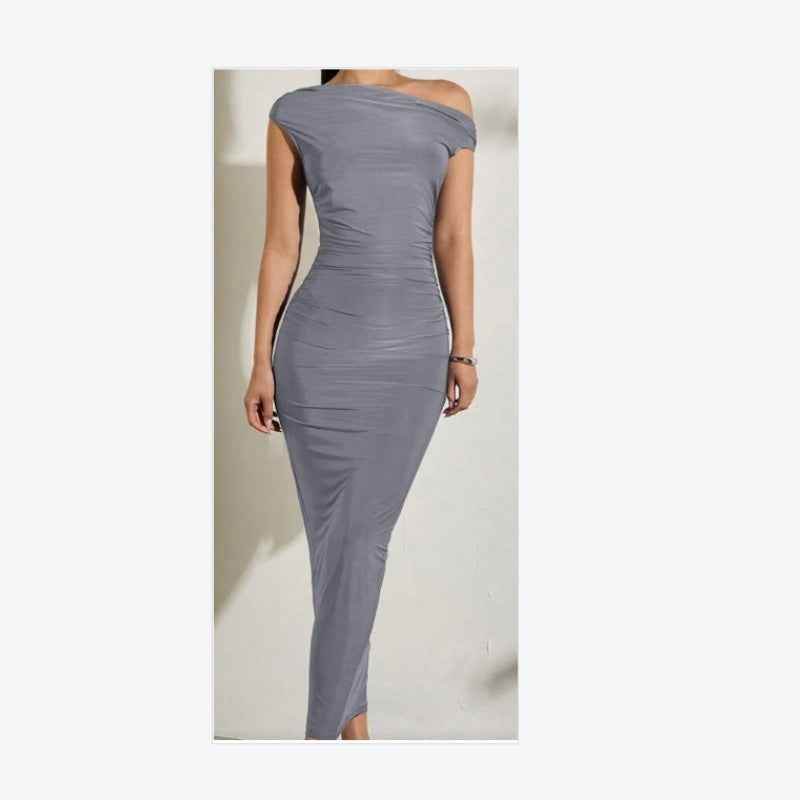 Grey Summer New Elegant Party Daily Date Oblique Shoulder One-Shoulder Off-Shoulder Front Pleated Slim Long Skirt Wavy Texture White Women's Dress b1031c3d-ffb4-49ab-8701-39b3901c2e58 Print Material