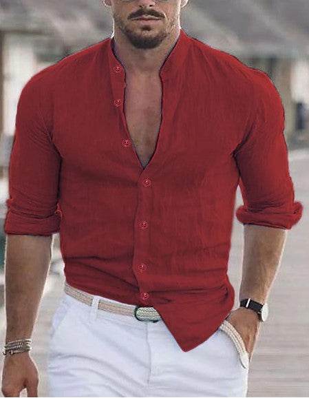 LTMC Wine Red Men's Solid Color Casual Long Sleeve Shirt ba8fcfea-9051-45f4-98f1-e6046f43c42a Print Material