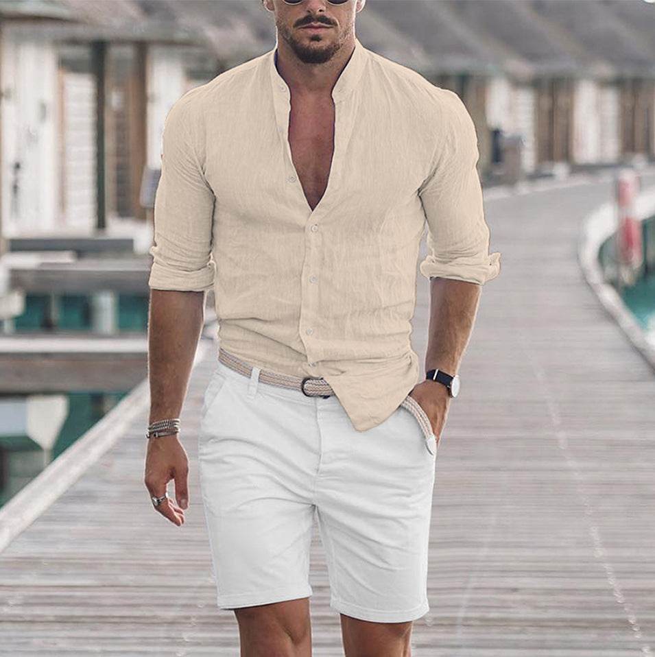 LTMC Shallow khaki Men's Solid Color Casual Long Sleeve Shirt be842fd6-efa5-4c06-8327-3496d045024d Print Material
