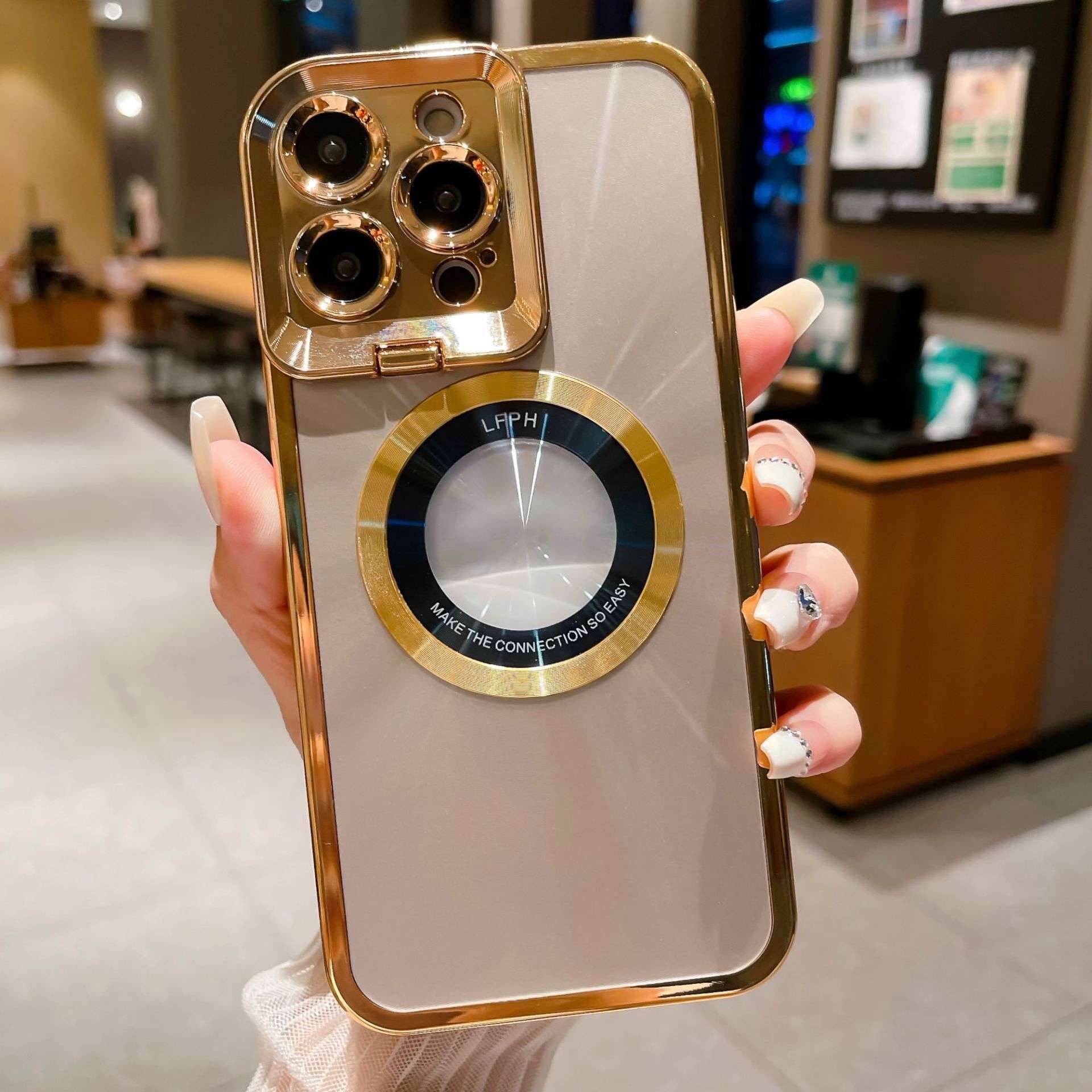 Gold Electroplated Phone Case Luxury Plating CD Pattern Magsafe Bracket Case For 12 13 14 Pro Max Invisible Camera Stand Holder Lens Holder Magnetic Suction c17ee729-86a2-425a-a46e-13f8dde7093f-939a83ab-918c-45f4-9ca1-79c08ef67edd-_10 Print Material