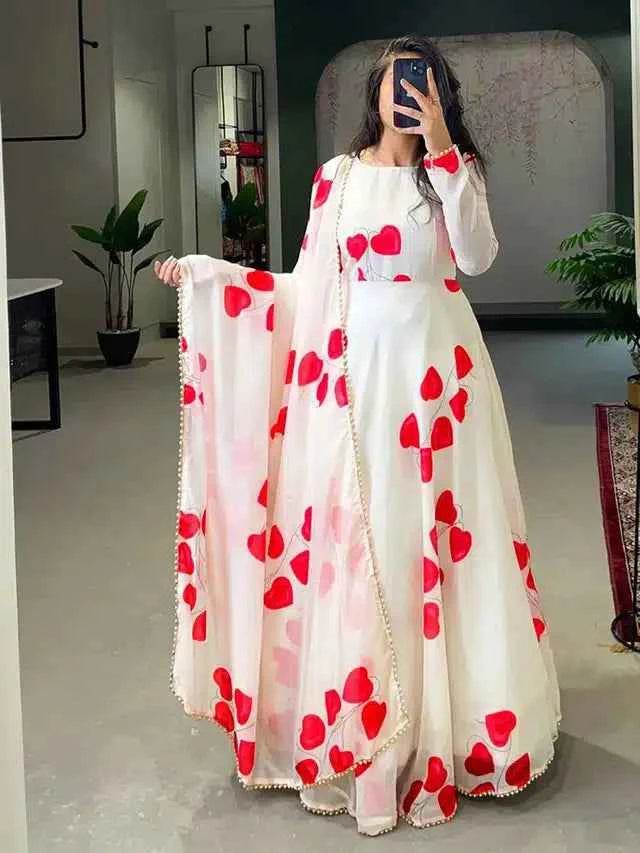 Georgette Printed Gown with Dupatta for Women (Red & White, S) cmimgopt-81c3ac68-6a92-44c0-ab77-348e31bf59a8 Womens Gown