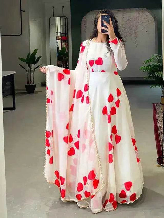 Georgette Printed Gown with Dupatta for Women (Red & White, S) cmimgopt-81c3ac68-6a92-44c0-ab77-348e31bf59a8 Womens Gown