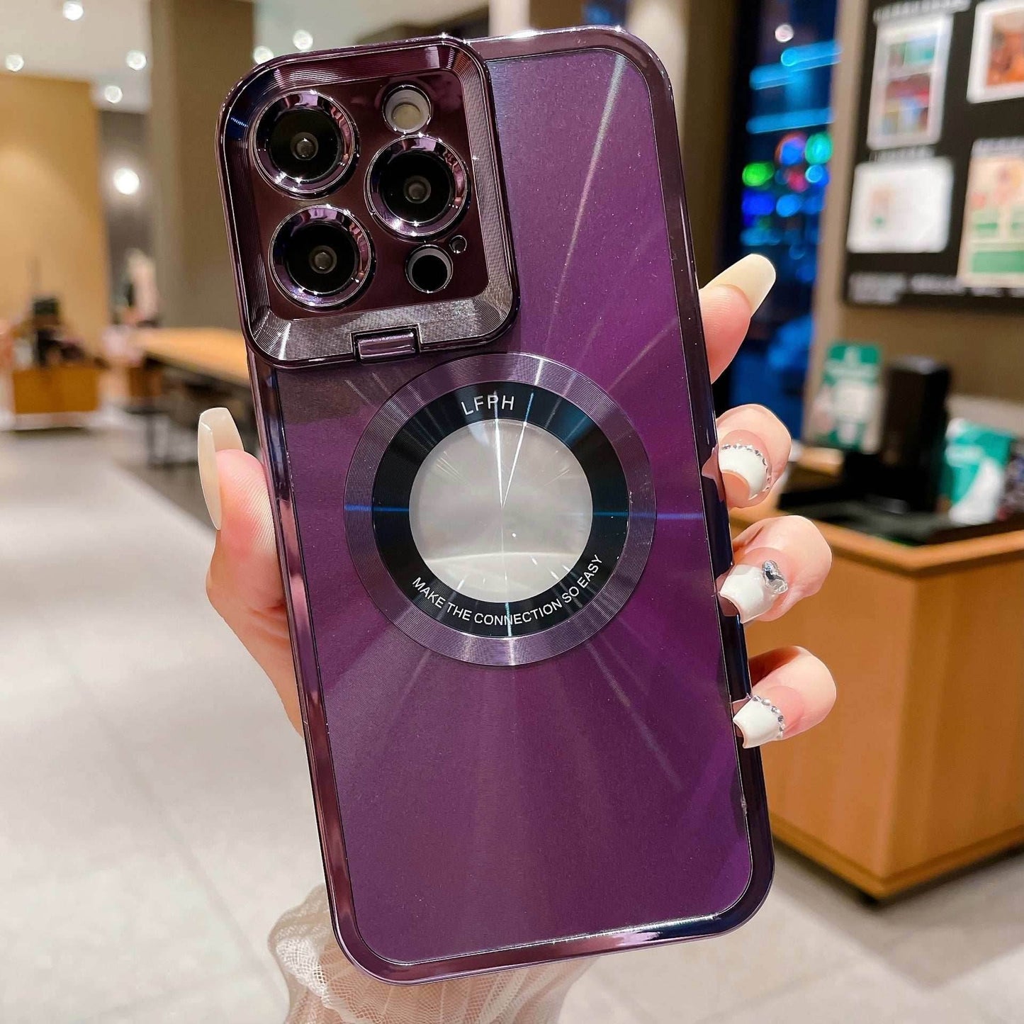 Purple Electroplated Phone Case Luxury Plating CD Pattern Magsafe Bracket Case For 12 13 14 Pro Max Invisible Camera Stand Holder Lens Holder Magnetic Suction d7148a43-b557-4b9d-860b-78794955ab44-_12 Print Material
