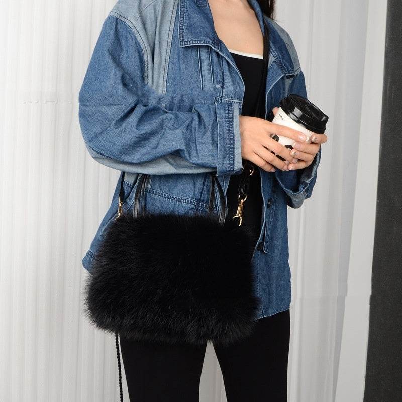 Black Portable Plush Bag Fashion Shoulder Messenger Bag Female Bags e20c5038-6da5-4bfb-b733-55d26d67ca46 Print Material