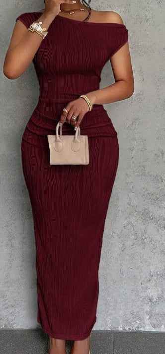 Summer New Elegant Party Daily Date Oblique Shoulder One-Shoulder Off-Shoulder Front Pleated Slim Long Skirt Wavy Texture White Women's Dress eae16f41-2e66-4baa-984e-e4ed29ff74e3 Print Material